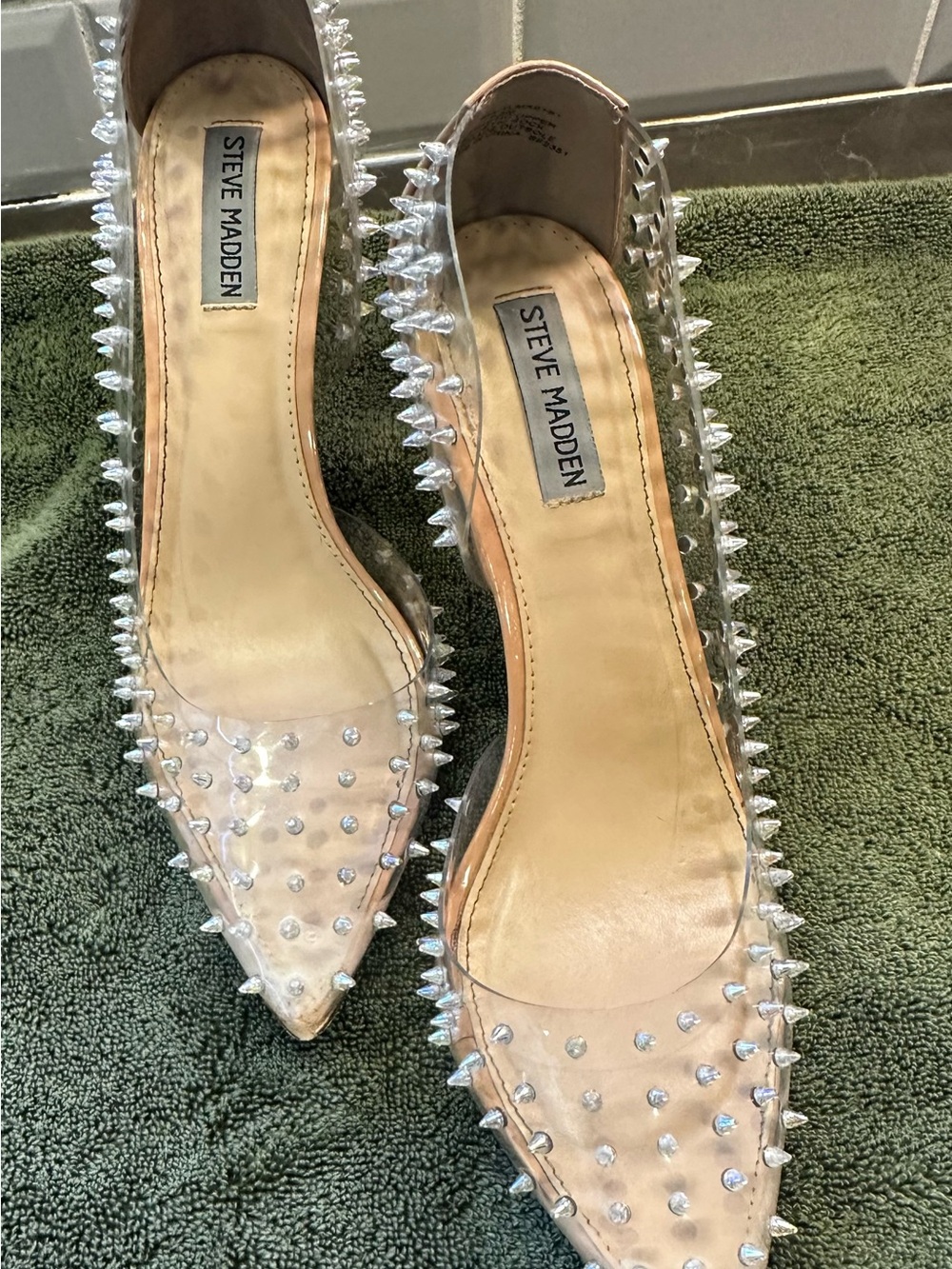 Steve Madden Clear Pointed Flats with Nude Insole and Crystal Spikes